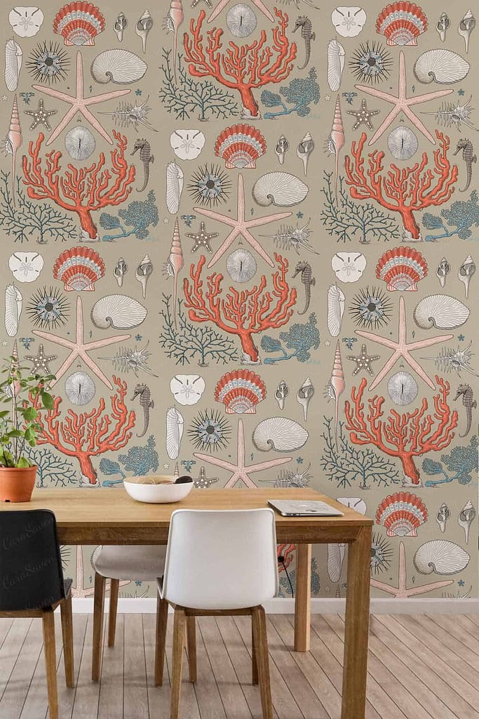 Detailed wallpaper: sea creatures, vintage intricate pattern. Elements include starfish, corals, shells. Colors: shades of blue, green, coral pink, sandy beige.