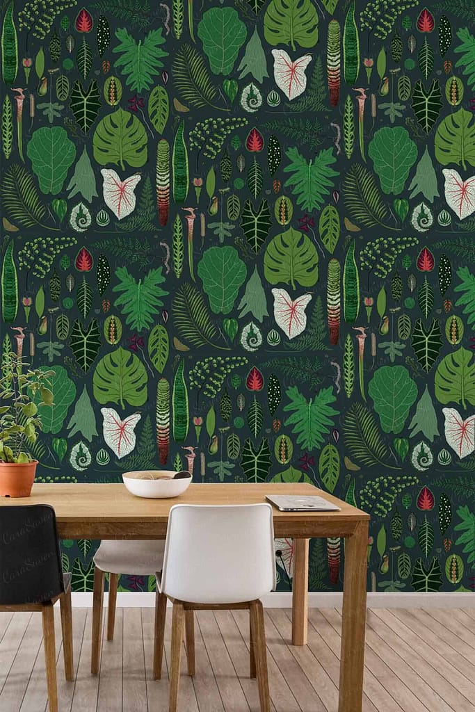 Dark green Montebello botanical wallpaper; various leaf patterns in shades of green; red accents.