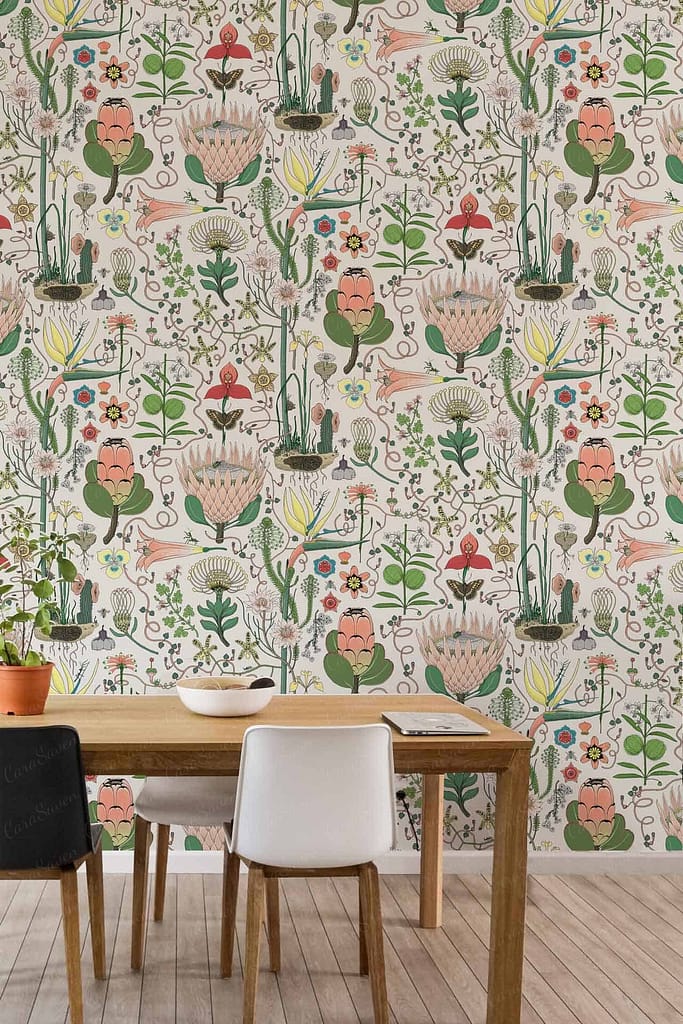 The wallpaper features a colorful floral pattern with elements and colors such as green leaves, red flowers, pink blossoms, and yellow accents.
