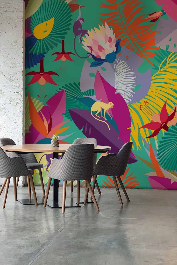Vibrant tropical-themed mural featuring colorful leaves, flowers, animals including a monkey. Bright greens, vivid reds, sunny yellows, deep blues, and warm oranges dominate the scene.