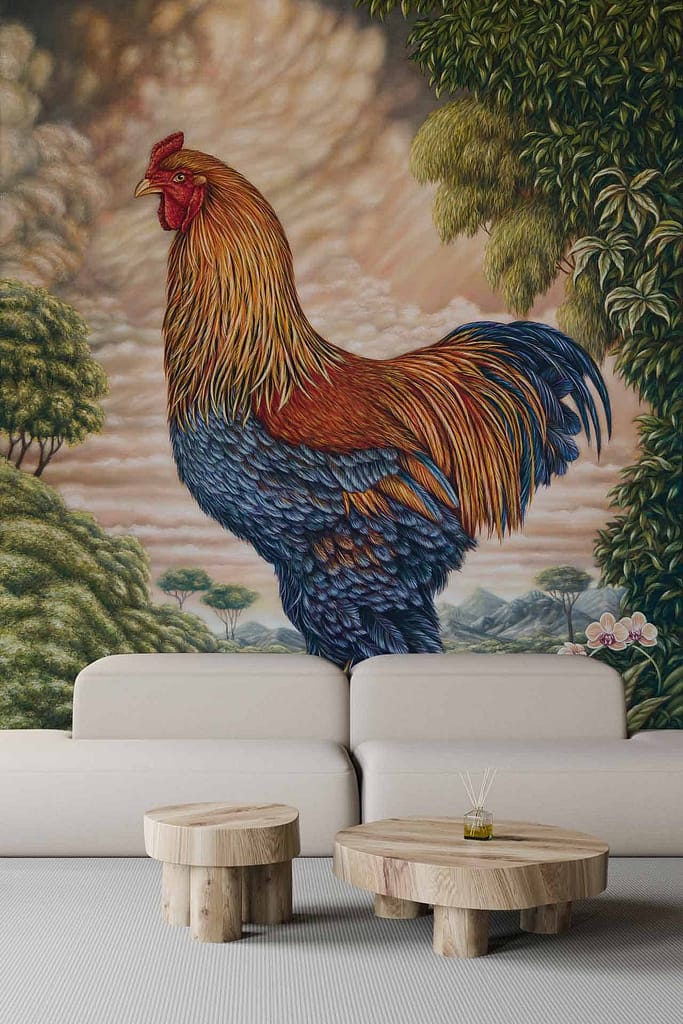 Colorful rooster mural wallpaper blending realistic and abstract styles. Features vibrant plumage with rich reds, oranges, blues, and greens. Background includes clouds and lush greenery reminiscent of wildlife art.