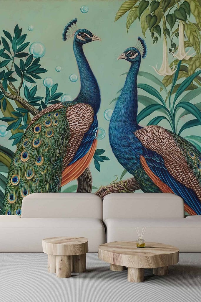 Wallpaper: showcases two colorful peacocks with detailed, iridescent feathers. Surrounding them is lush green foliage and delicate white flowers. Serene and artistically vibrant design.