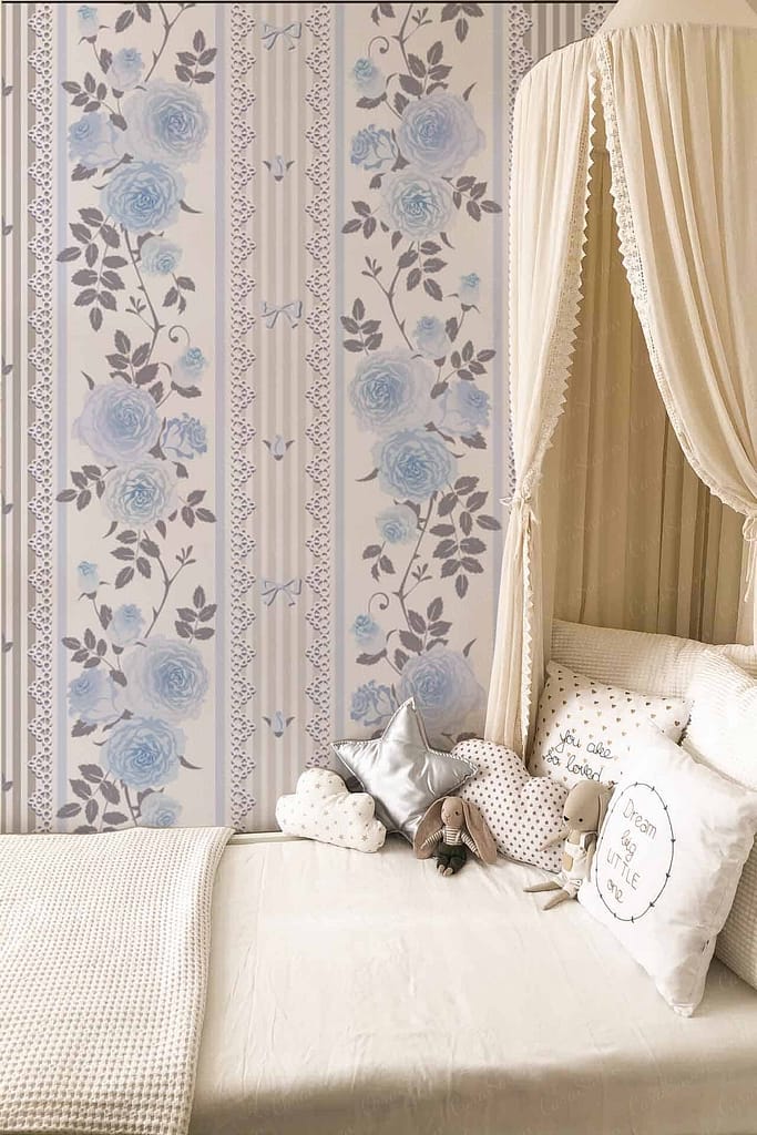 The wallpaper features vertical stripes and blue floral patterns. Key elements include:

- Vertical Stripes
- Blue Floral Patterns
- Combination of Blue and Cream Colors