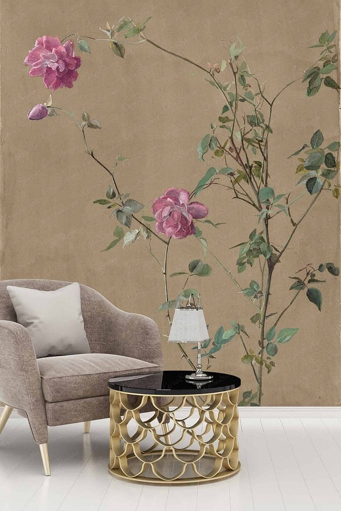 Wallpaper features: pink flowers, green leaves, thin branches.