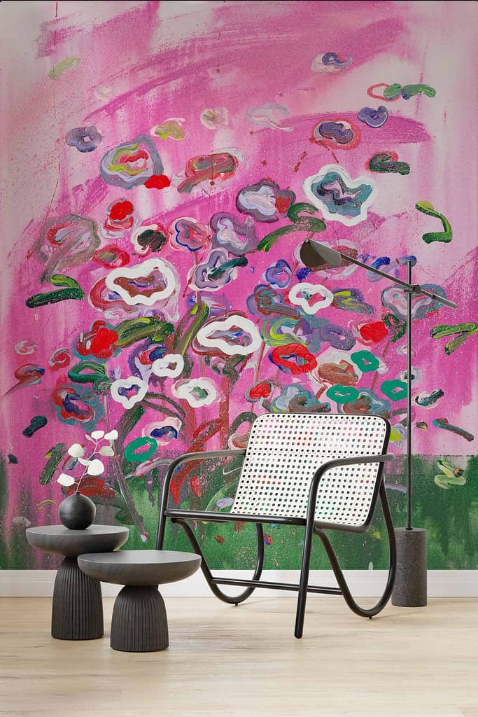 Colorful abstract floral mural with shades of pink, green, and red.