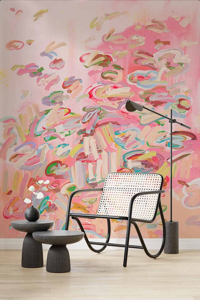 Vibrant abstract wallpaper in pink and multicolor with dynamic patterns and rich hues. Key elements include bold splashes, geometric shapes, and intricate designs in varying shades of pink, blue, yellow, green, and purple.
