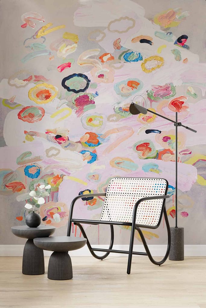 Colorful abstract mural, pastel hues, dynamic brushstrokes, soft colors, artistic wallpaper, vibrant patterns.