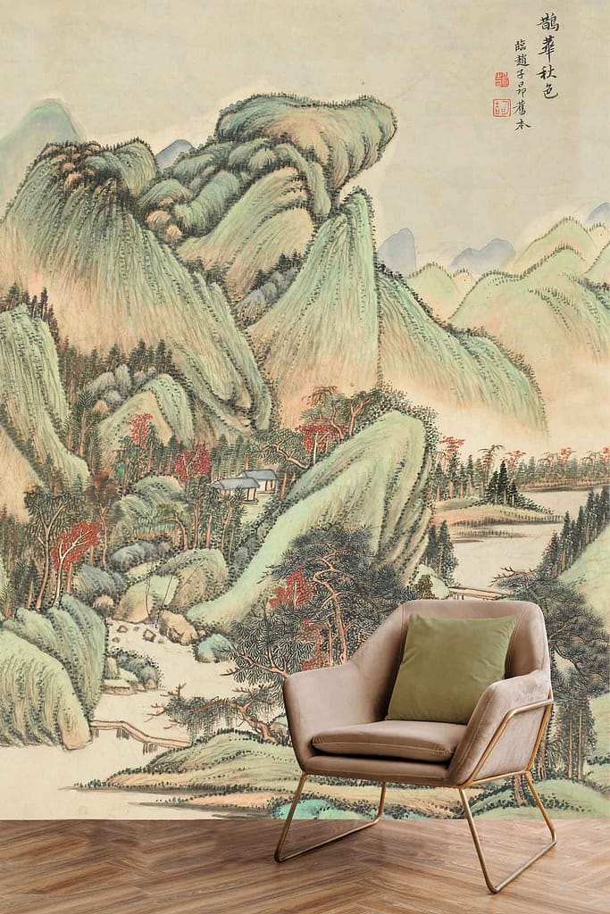 The wallpaper features a large mural of a traditional Chinese landscape with serene green mountains, lush trees, and a small village nestled in greenery. The colors primarily include various shades of green for the foliage, soft earth tones for the village structures, and subtle blues for any water elements like rivers or lakes. The scene evokes an idyllic base camp feel.