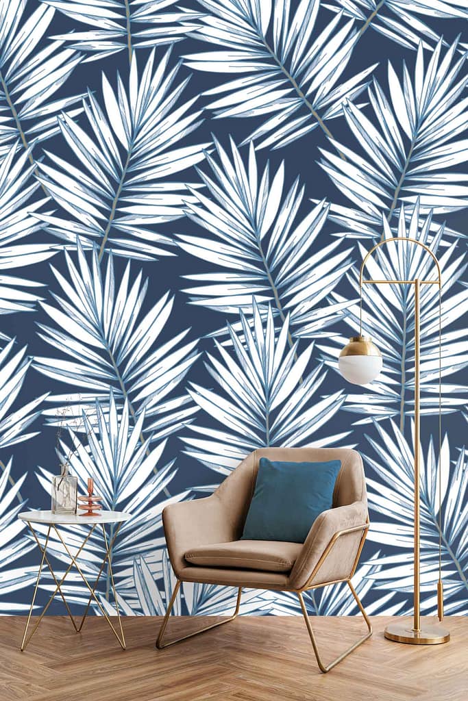 Bold, tropical palm leaf wallpaper with intricate patterns in shades of white and blue. This design features detailed palm fronds creating an inviting, nature-inspired ambiance. Ideal for a Life of Trees theme.