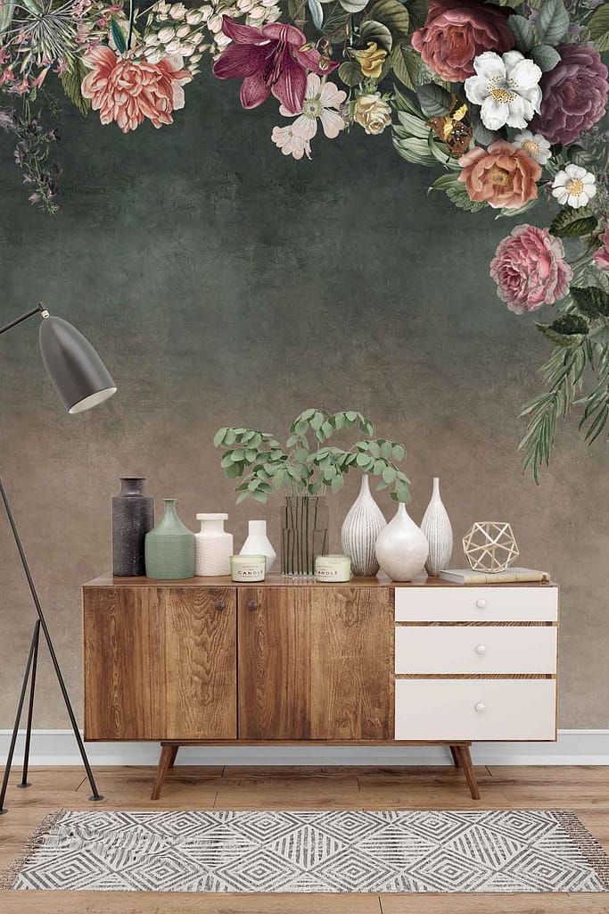 A green and faded floral wall mural.