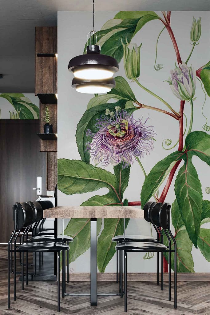 A large botanical mural featuring vibrant green leaves and a purple passionflower decorates the wall, embodying a sense of self-love.