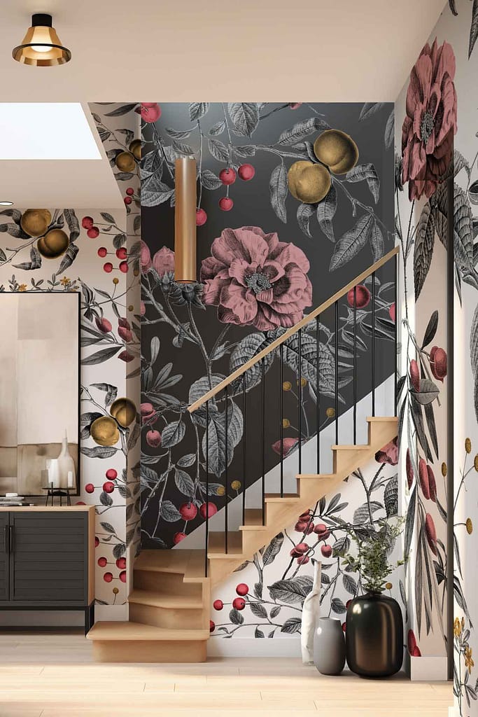 The wallpaper is adorned with large, vibrant blooms, branches, and various fruits in a bold, eye-catching design reminiscent of a peach pie. The colors include rich hues like peach, deep greens, and shades of red.