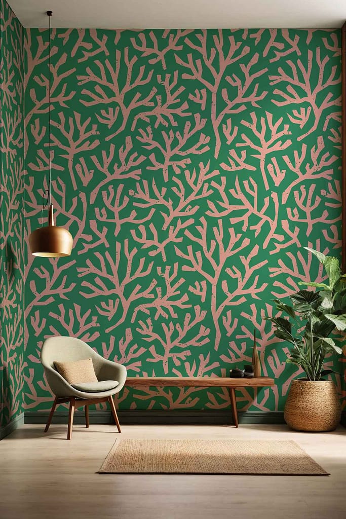 Green wall with pink abstract branch pattern, vibrant reef-inspired design.