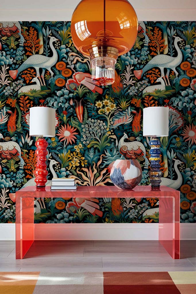 The wallpaper features **crane illustrations** and **floral patterns** in vibrant, bold **colors**.