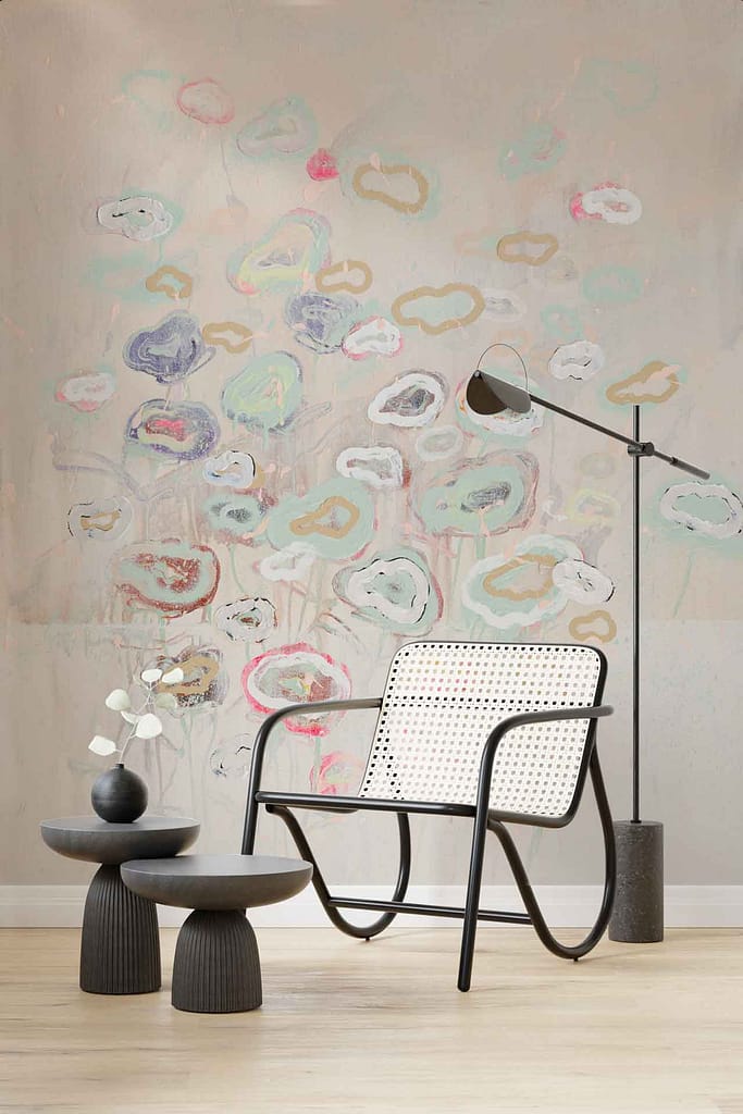 The wallpaper is a large, colorful abstract mural featuring vibrant floral-like patterns. It includes shades of blue, red, yellow, green, and purple with dynamic swirls and shapes that evoke a sense of movement and dance.