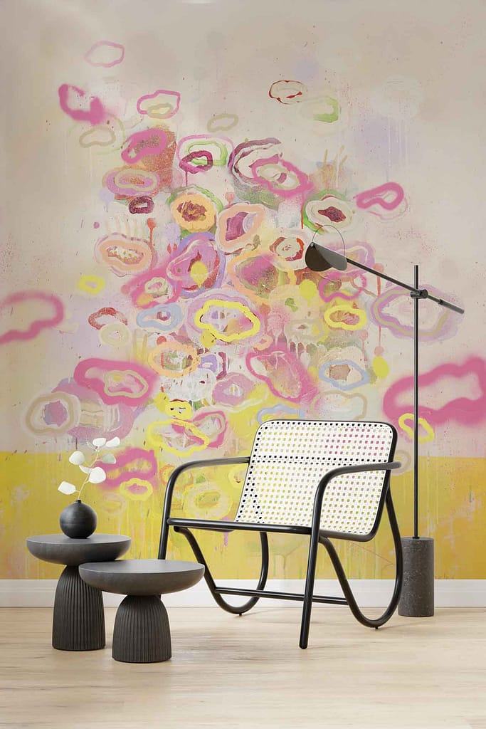A brightly colored abstract wallpaper featuring pink, yellow, and green swirls captures the essence of dance.