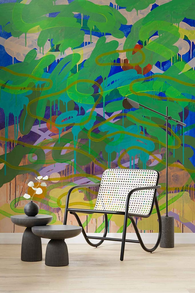 Vibrantly painted mural, abstract green and blue shapes, hints at The Dance.