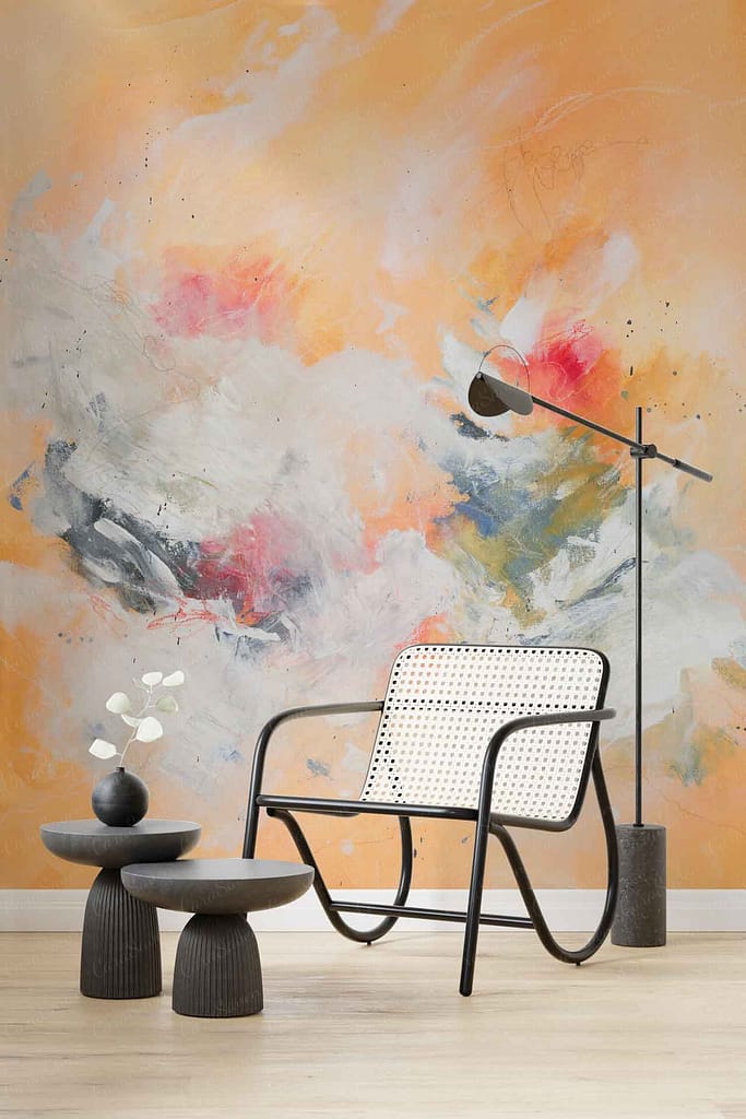 A vibrant wallpaper features an abstract painting with bold colors: orange, white, red, gray, and green. The design evokes the dynamic essence of theater performance artistry.