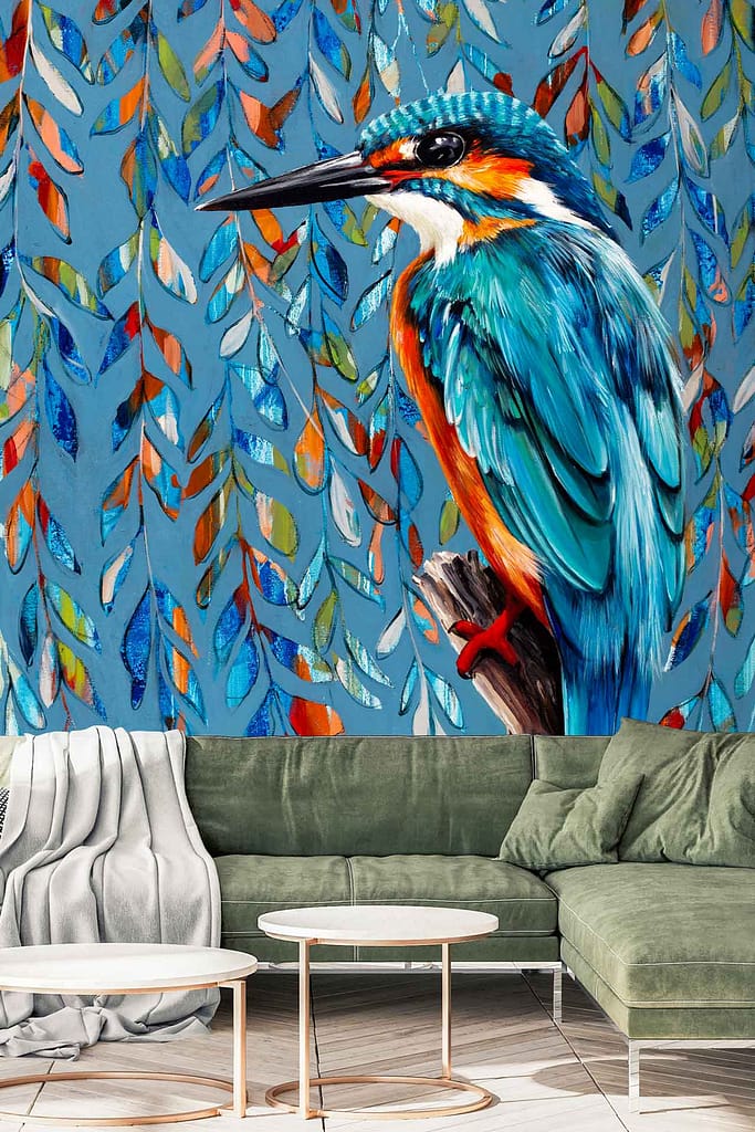 A vibrant kingfisher bird perched on a branch, surrounded by blue leaves. The mural gives an eternal sunshine vibe with its bold colors and intricate details.