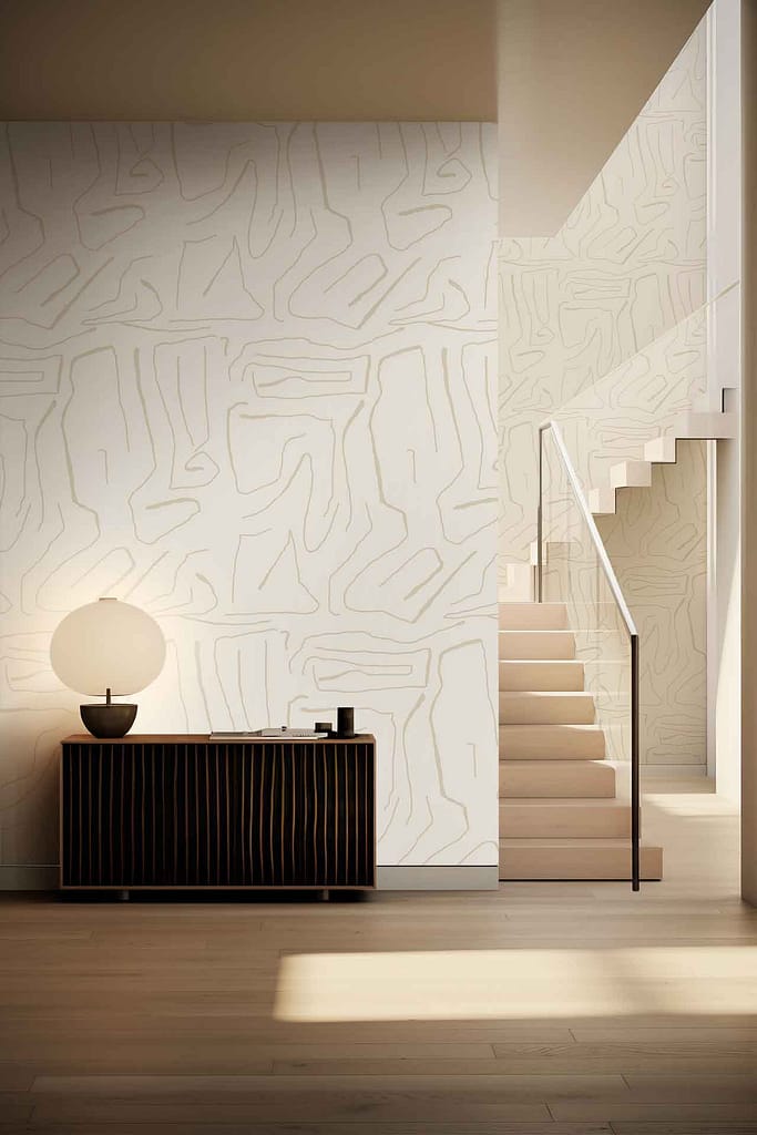 Pale wall with abstract line patterns, minimalistic design.