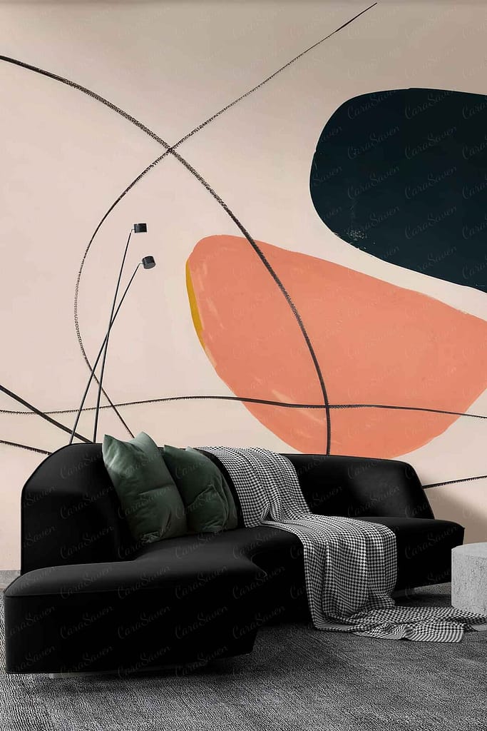 The wallpaper in the modern living room features an abstract Dot Dot Dash mural with a beige background, large geometric shapes in dark green and peach, and intersecting black lines.