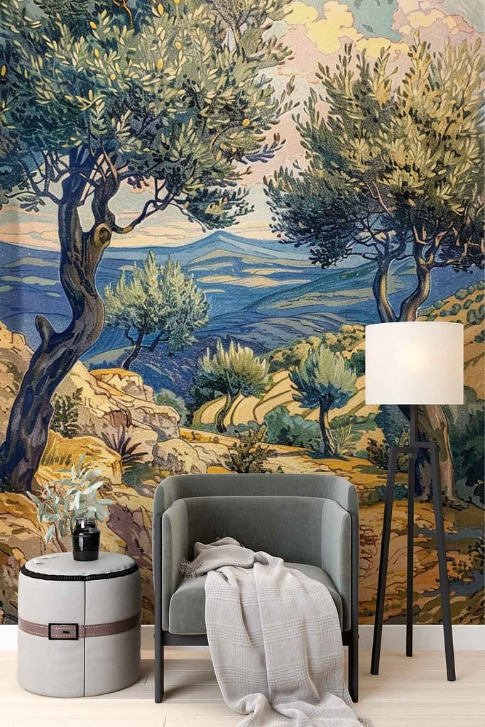 Vibrant mural with scenic landscape, featuring lush green trees, majestic mountains in shades of blue and grey, a clear sky with hints of orange and pink hues from the sunrise or sunset. Warm earthy tones interspersed throughout the wallpaper add depth and tranquility.
