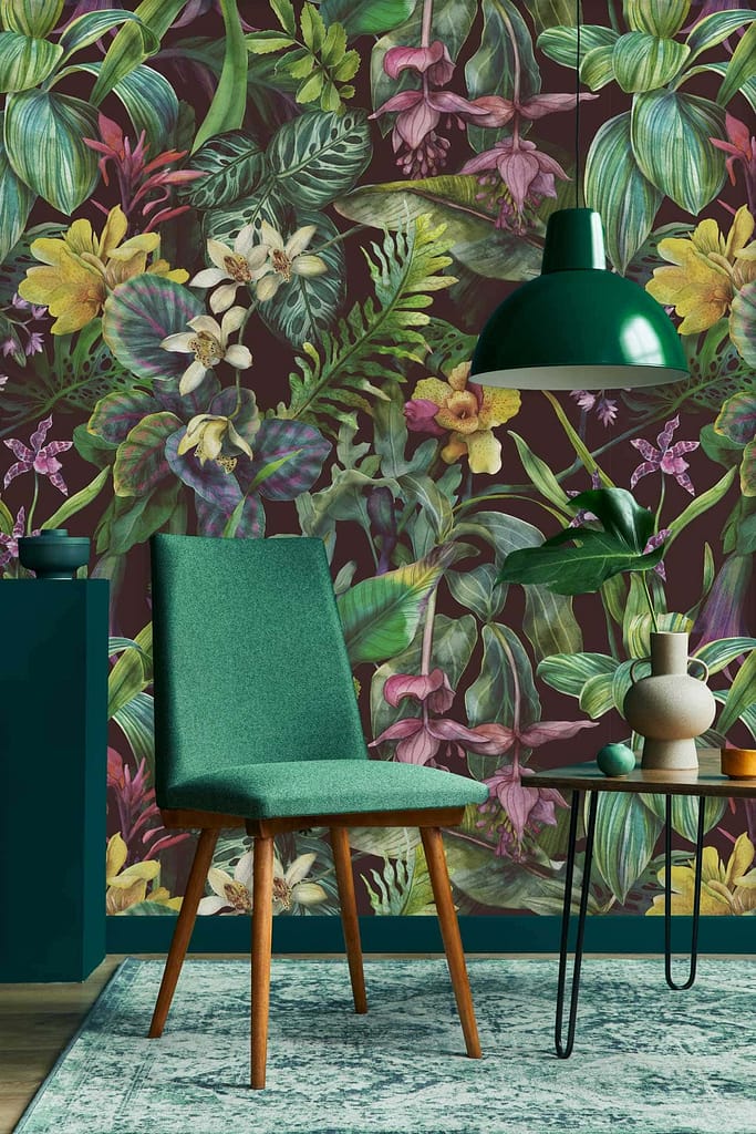 Vivid tropical-themed wallpaper, lush green leaves, colorful flowers.