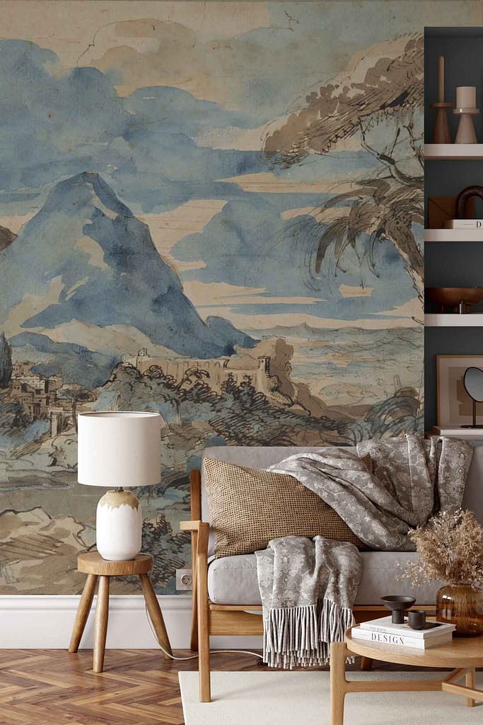 Large wall mural: serene landscape, mountains, trees, village by the lake, neutral tones. Colors: greens for trees and foliage, blues and grays for mountains and lake, subtle earthy tones for the village.