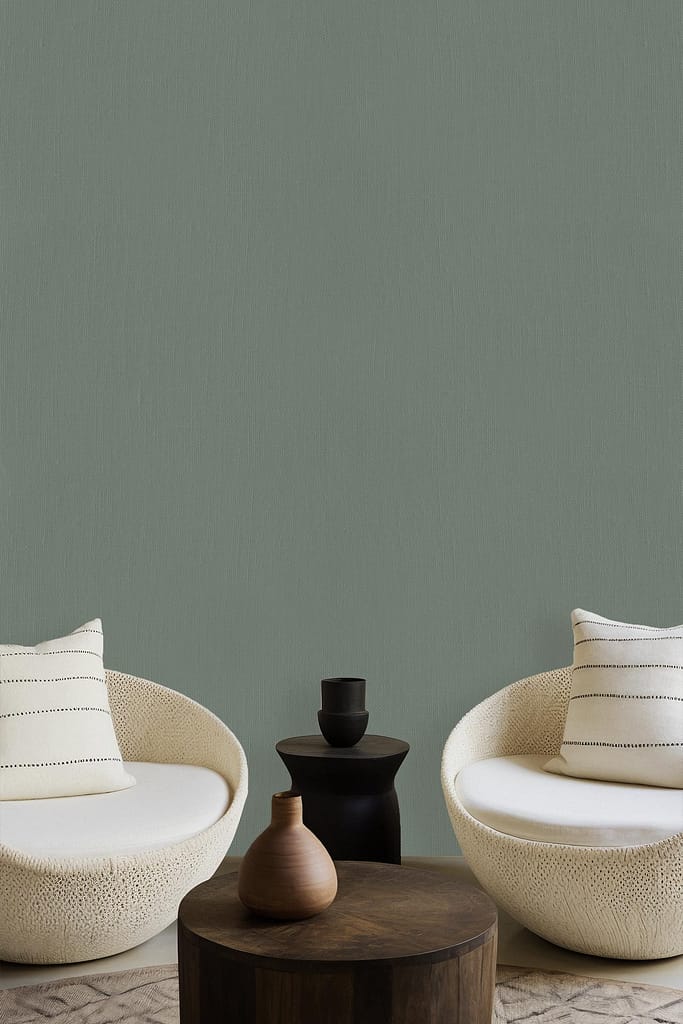 Muted jade green wallpaper, calming atmosphere.