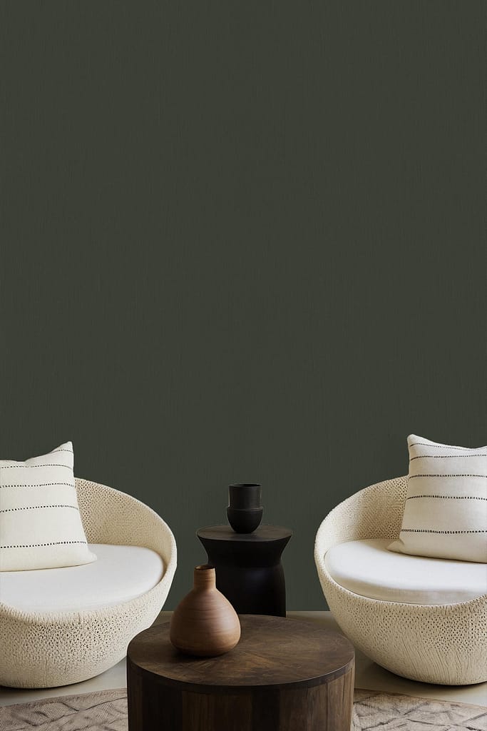 Wallpaper features dark green resembling ripe olives, perfect for creating a cozy atmosphere.