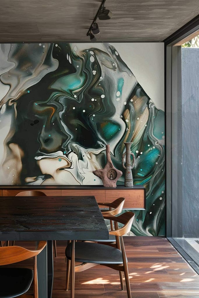 The wallpaper in the modern dining room features swirling patterns of black, white, and teal. The abstract design creates a dynamic and contemporary ambiance with its intricate whirls and bold color palette.