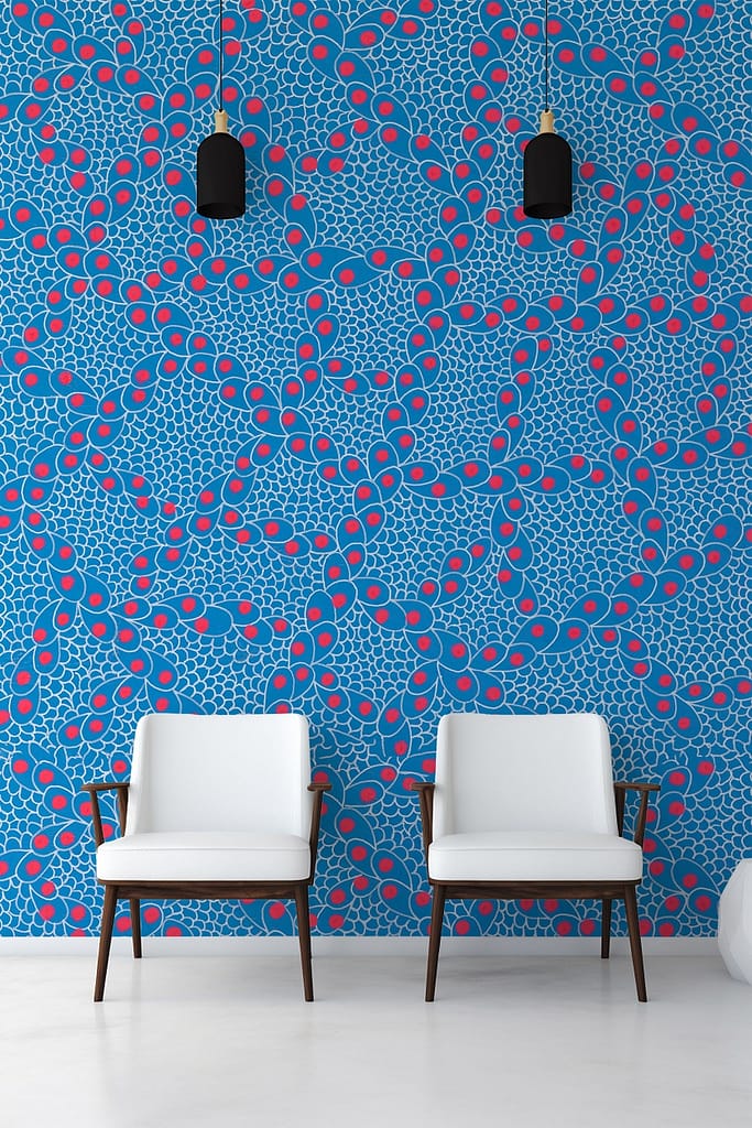 Vibrant blue wallpaper with bold, geometric pattern featuring interconnected circles in red and white.