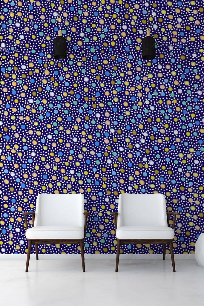 The wallpaper features a dark background adorned with vibrant, multi-colored dots and circles. The design includes a variety of hues such as red, yellow, blue, green, and purple in various sizes and patterns. Brightly colored geometric shapes contrast against the black backdrop creating an eye-catching visual effect.