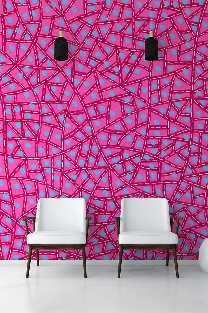 Bold abstract pink wall, blue dots, intersecting lines, geometric pattern.