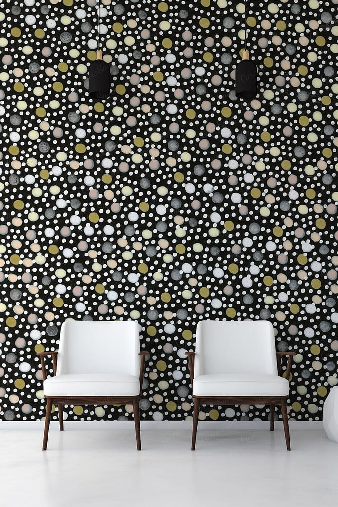 Black wallpaper with a multicolored bubble pattern.