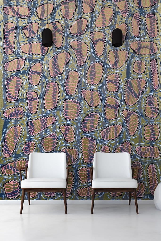 The wallpaper features a vibrant, abstract pattern with colorful shapes including bold reds, blues, yellows, and greens. Geometric forms and dynamic lines make up the design, creating an energetic and contemporary look.