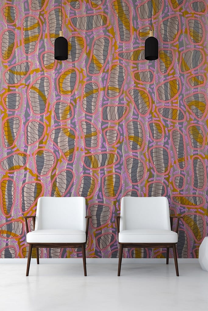Colorful abstract pattern wallpaper featuring interlocking shapes in shades of pink, yellow, orange, and gray.