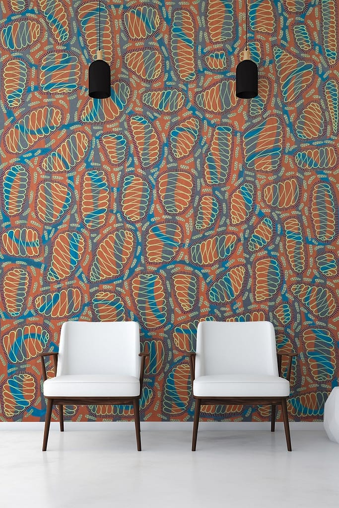 Abstract wallpaper with orange, blue, and white patterns.