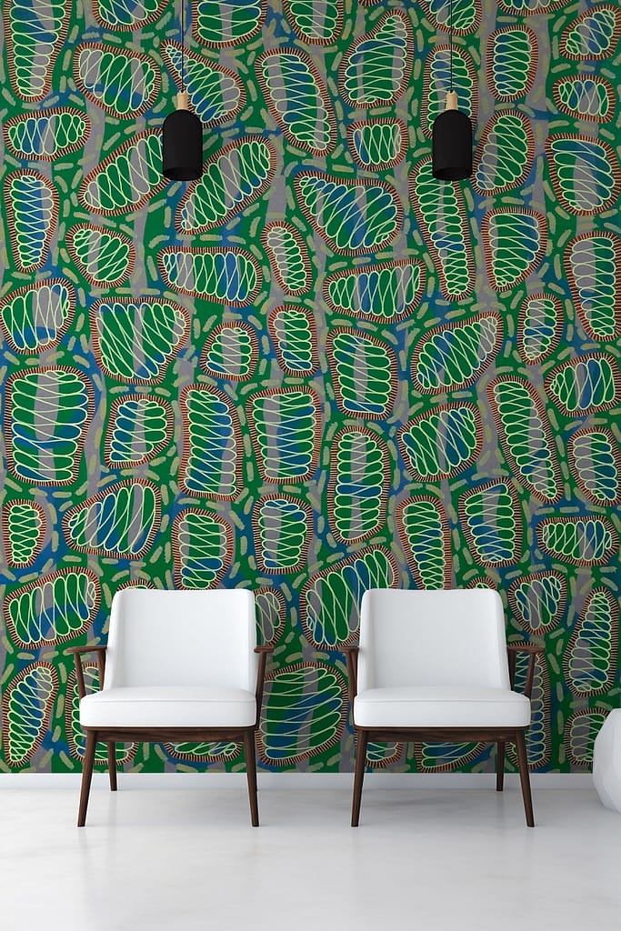 Abstract wallpaper with green, blue, and brown patterns.