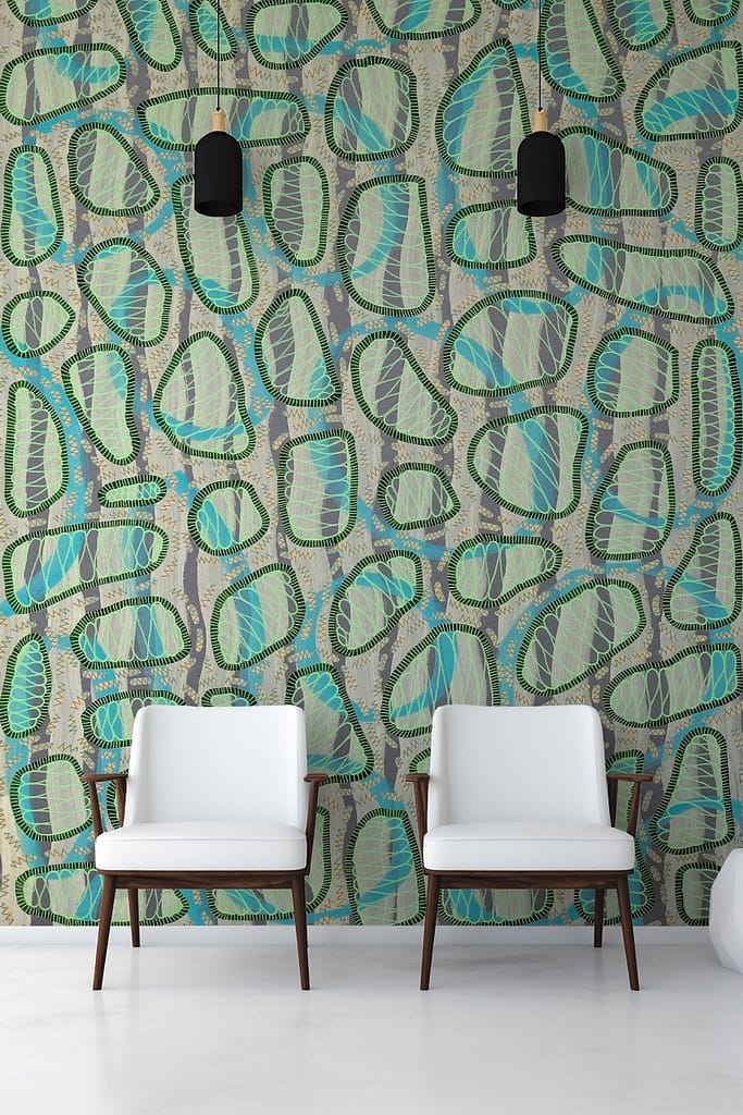 The wallpaper showcases a dynamic pattern featuring green and turquoise organic shapes outlined in black. It's vibrant and abstract, perfect for adding a splash of color and modernity to any room.