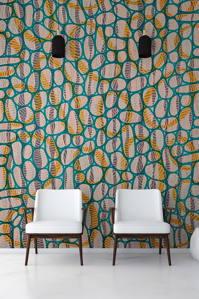 Vibrant, abstract-patterned wallpaper featuring dynamic shapes in blue, yellow, and brown.