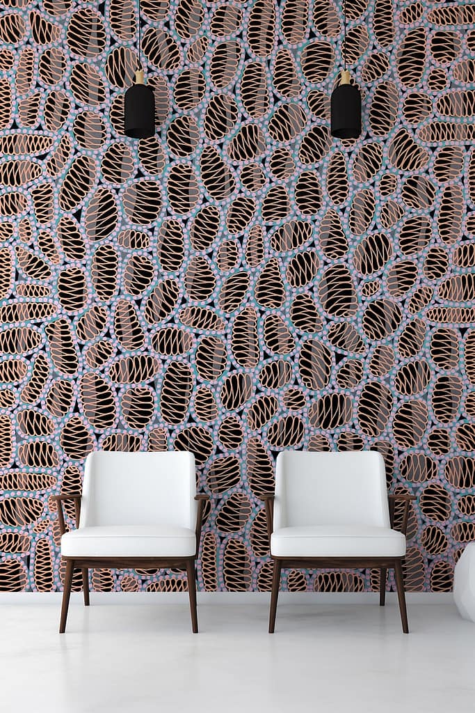 Intricate, abstract pattern wallpaper with black, brown, and blue shapes.