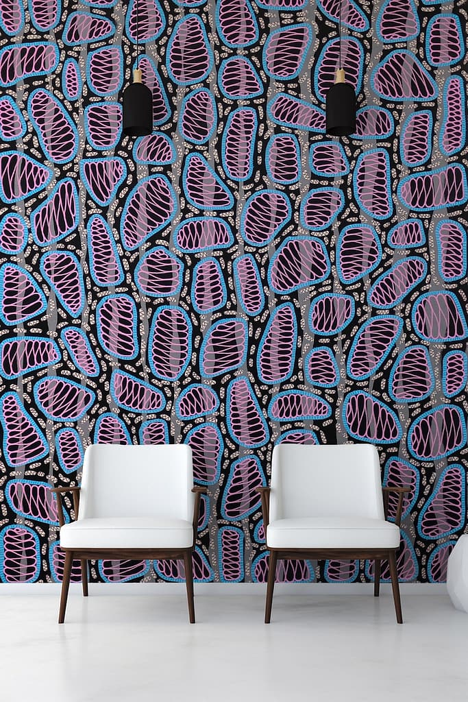 Vibrant, abstract wallpaper featuring multicolored organic shapes in shades of pink, blue, and black.