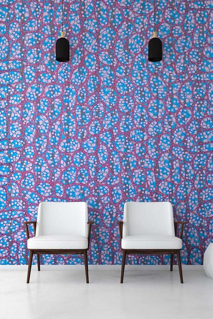 Vibrant blue and pink patterned wallpaper with intricate designs.