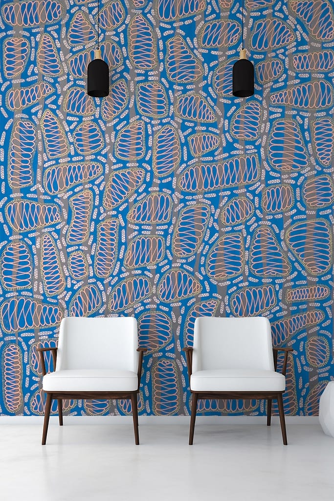 The wallpaper is a vibrant blue with an intricate, abstract pattern. The design incorporates various elements such as swirling lines, geometric shapes, and interlocking forms in shades of white, silver, and darker blues.