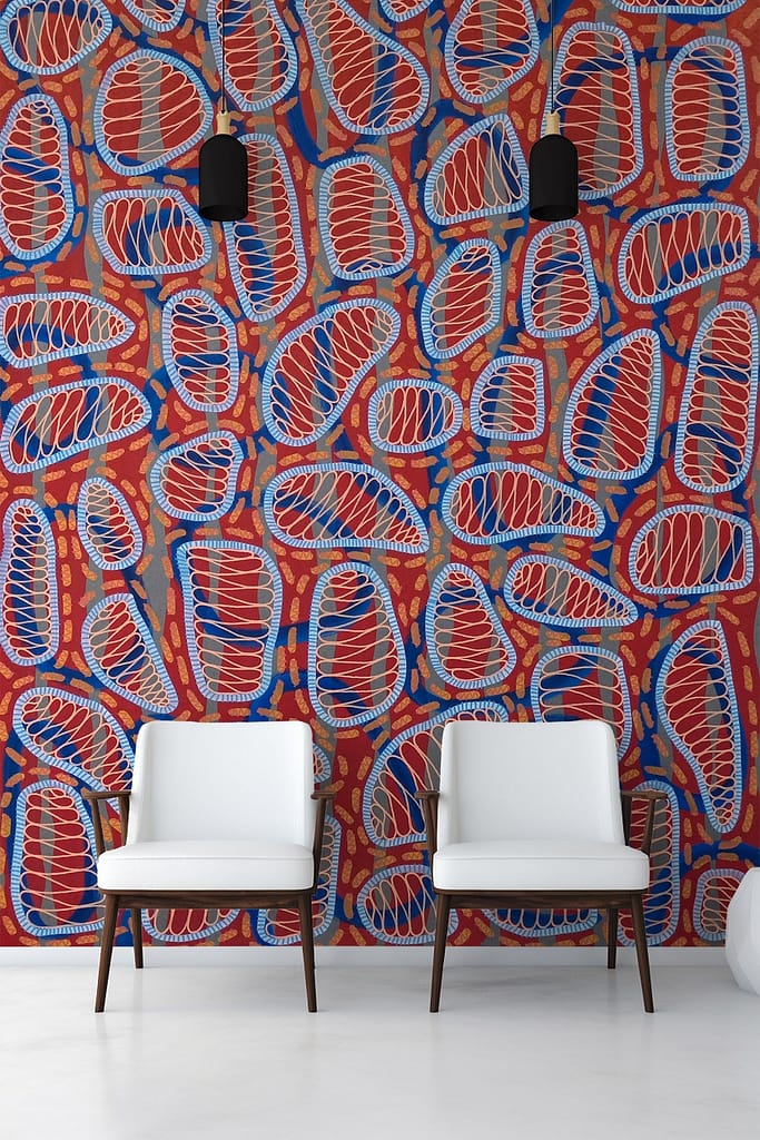 Brightly colored abstract wall mural with red, blue, and yellow patterns.
