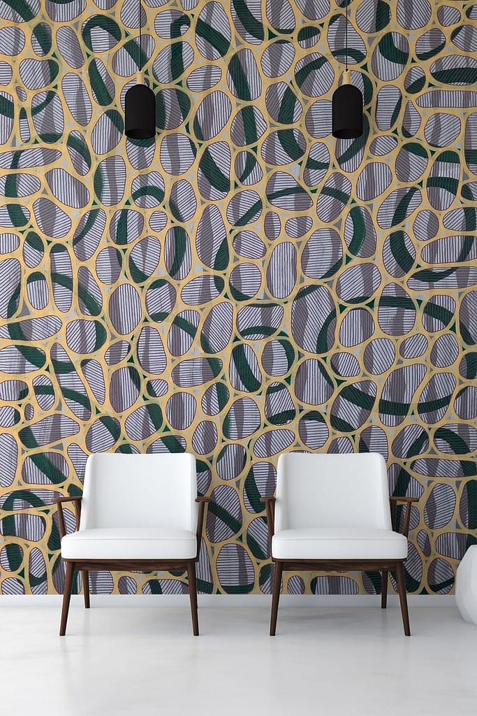 Colorful geometric-patterned wallpaper, interconnected oblong shapes, green, gold, black.