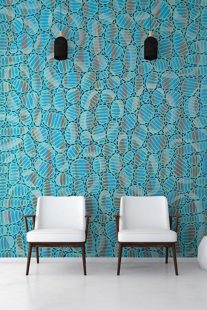 Bright, geometric teal and blue patterned wallpaper.