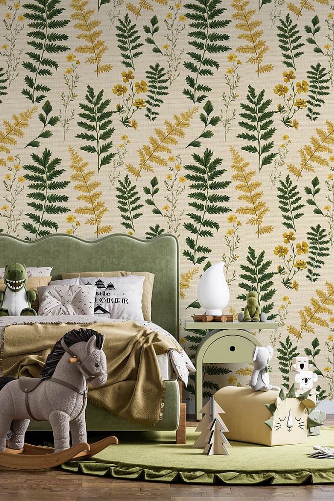 The nature-themed wallpaper features Cubist-style green and yellow foliage.
