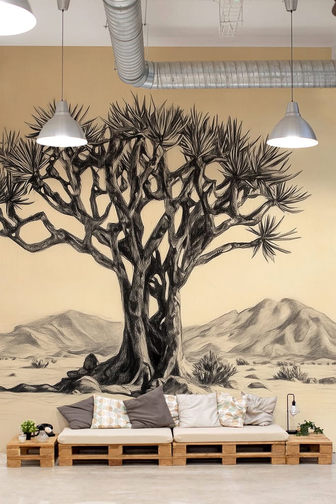 A large wall mural of a tree with a desert landscape featuring earthy tones, shades of green for the tree, and warm colors like ochre, sandy beige, and muted oranges for the desert.